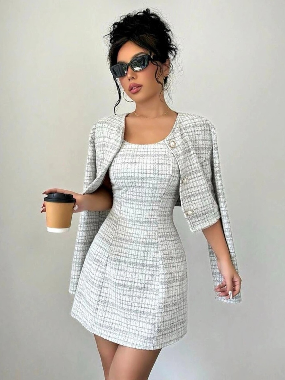 Mini Dress in White & Gray with Jacket - Brand New